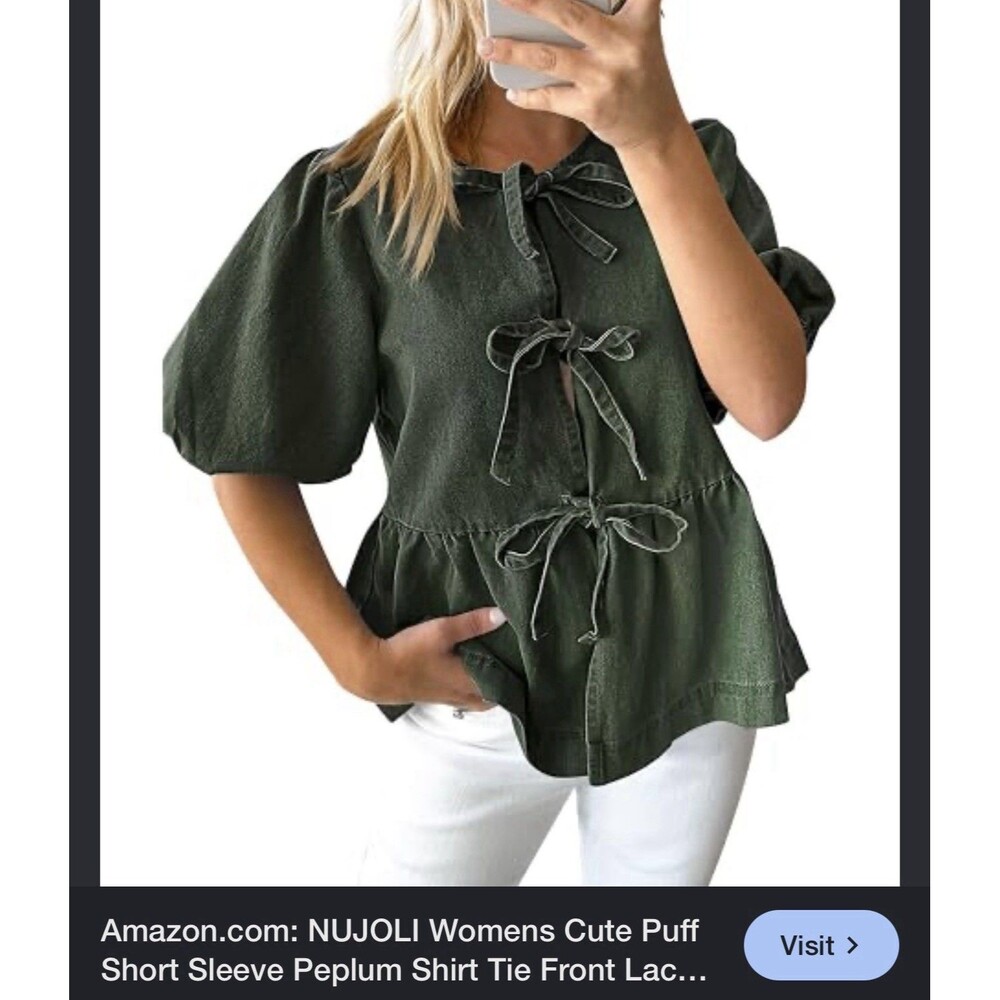 All The Ways Tie Front Olive Green Denim Peplum Puff Sleeve Jacket Small